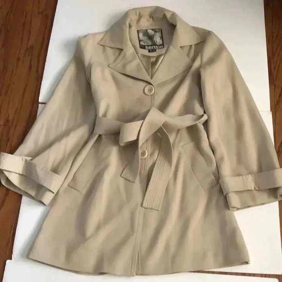 Lightweight Kensie tan bell sleeve 3  button belted trench jacket M - Picture 2 of 7